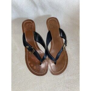 Tory Burch Navy Nora Flat Mestico Thong Sandal Leather Size 8 Wedge Heel